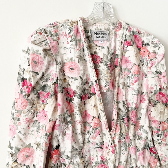 Vintage 80s Floral Pearl Trim Puff Sleeve Blazer  Size 8 - Picture 2 of 13